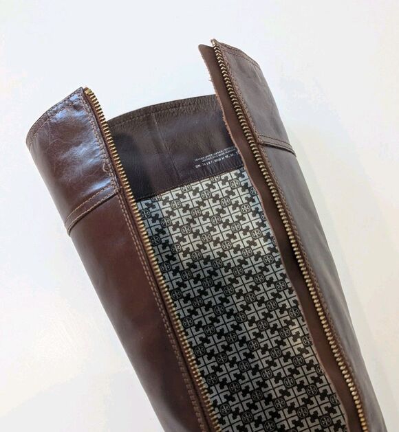 Amazon.com | Tory Burch Women Tory Burch Logo Leather Knee High Heeled Brown Boots Size 10 M